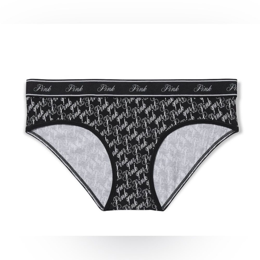 PINK/VICTORIA’S SECRET Logo Cotton Hiphugger Panty in Pure Black Logo Script